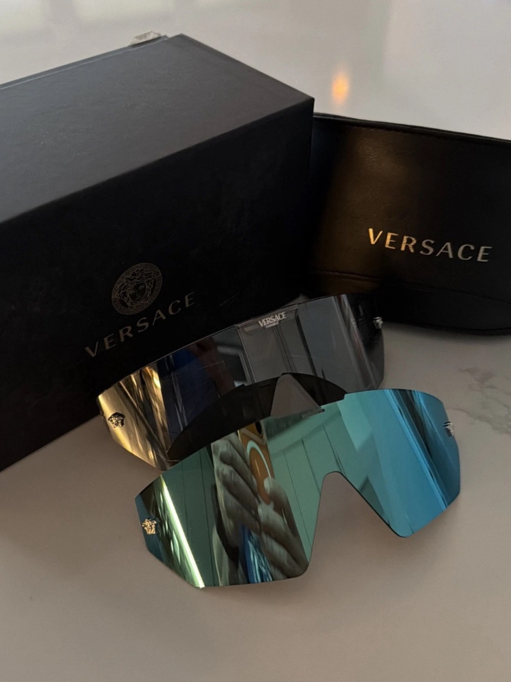 🔥Versace VE4461 unisex Crystal Clear Silver Mirror Sunglasses with Blue shield